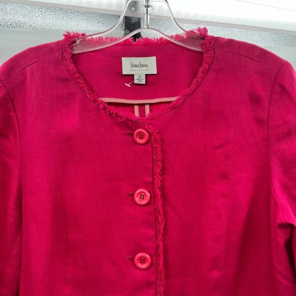Neiman Marcus Frayed Button Up Blazer Long Sleeve Fuchsia Size 10 - Picture 2 of 9